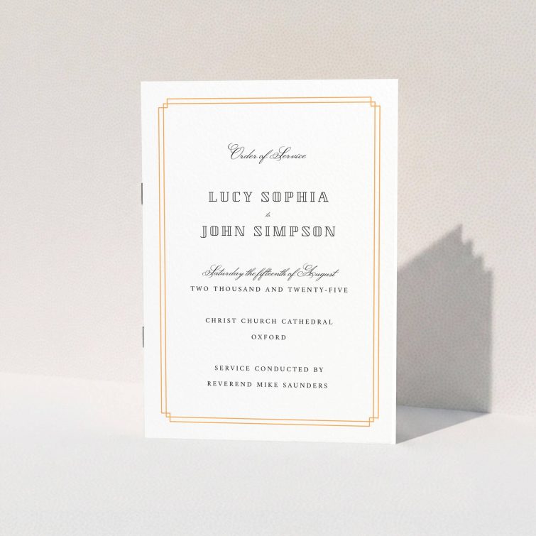 A multipage wedding order of service design called "Vintage Art Deco". It is an A5 booklet in a portrait orientation. "Vintage Art Deco" is available as a folded booklet booklet, with tones of orange and white.
