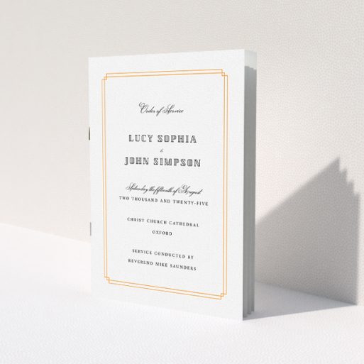 A multipage wedding order of service design called 'Vintage Art Deco'. It is an A5 booklet in a portrait orientation. 'Vintage Art Deco' is available as a folded booklet booklet, with tones of orange and white.