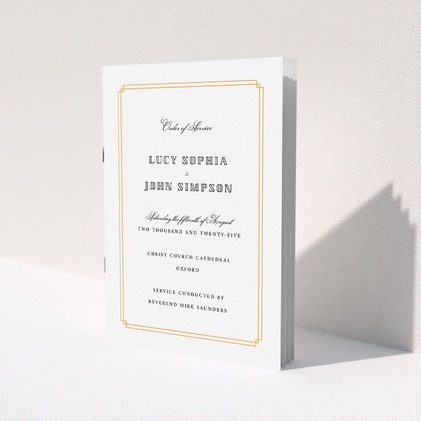 A multipage wedding order of service design called "Vintage Art Deco". It is an A5 booklet in a portrait orientation. "Vintage Art Deco" is available as a folded booklet booklet, with tones of orange and white.