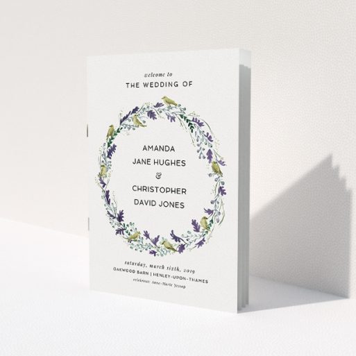 A multipage wedding order of service design titled 'Vintage Floral Wreath'. It is an A5 booklet in a portrait orientation. 'Vintage Floral Wreath' is available as a folded booklet booklet, with tones of off-white and dark green.