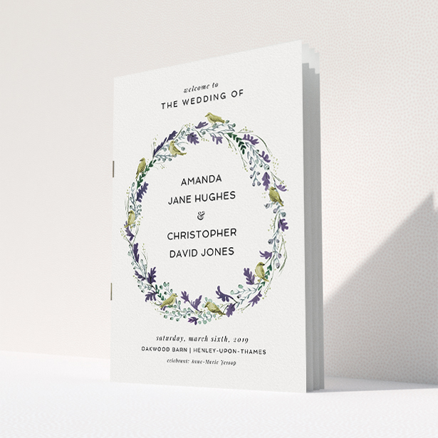 A multipage wedding order of service design titled "Vintage Floral Wreath". It is an A5 booklet in a portrait orientation. "Vintage Floral Wreath" is available as a folded booklet booklet, with tones of off-white and dark green.