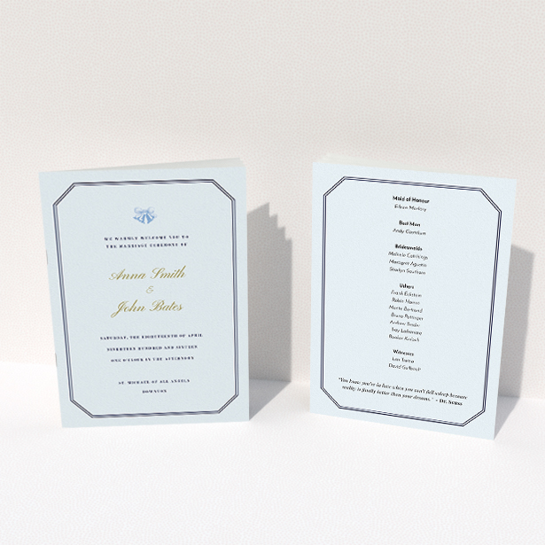 A multipage wedding order of service named "Wedding bells". It is an A5 booklet in a portrait orientation. "Wedding bells" is available as a folded booklet booklet, with tones of light blue and dark blue.