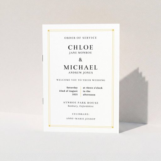 Multi-page Wedding Order of Service Design - "Yellow Square Border Classic" A multipage wedding order of service named "Yellow Square Border Classic". It is an A5 booklet in a portrait orientation. "Yellow Square Border Classic" is available as a folded booklet booklet, with tones of orange and white.
