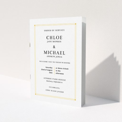 A multipage wedding order of service named 'Yellow Square Border Classic'. It is an A5 booklet in a portrait orientation. 'Yellow Square Border Classic' is available as a folded booklet booklet, with tones of orange and white.