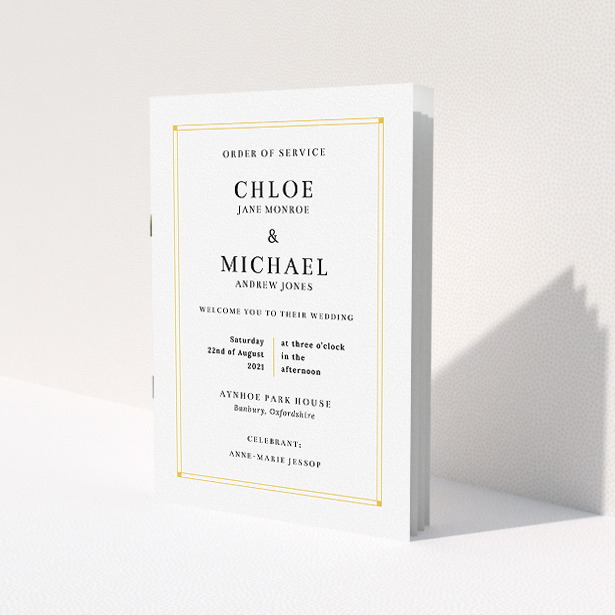 A multipage wedding order of service named 'Yellow Square Border Classic'. It is an A5 booklet in a portrait orientation. 'Yellow Square Border Classic' is available as a folded booklet booklet, with tones of orange and white.