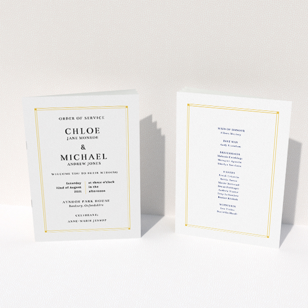A multipage wedding order of service named "Yellow Square Border Classic". It is an A5 booklet in a portrait orientation. "Yellow Square Border Classic" is available as a folded booklet booklet, with tones of orange and white.