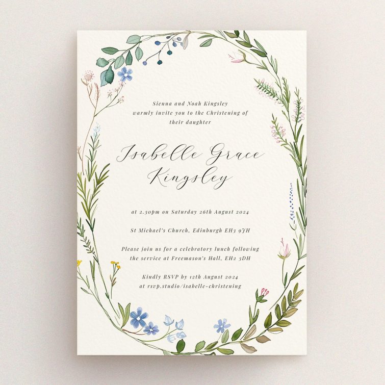 Elegant floral christening invitation design with one decorative photo placeholder.