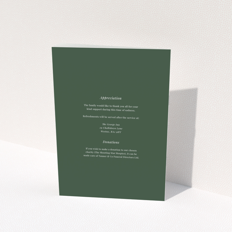 Funeral order of service program back cover design with no photos, green background - Portrait