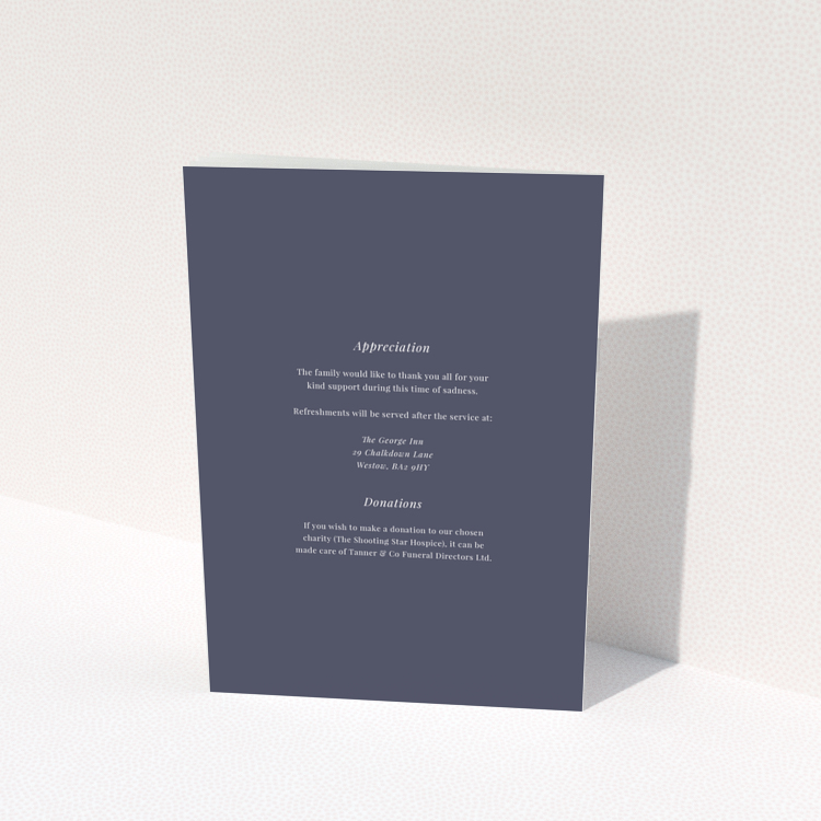 Funeral order of service program back page design with appreciation and donations section in dark grey - Portrait edition
