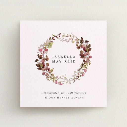 Floral wreath funeral announcement design with elegant typography and no photos.