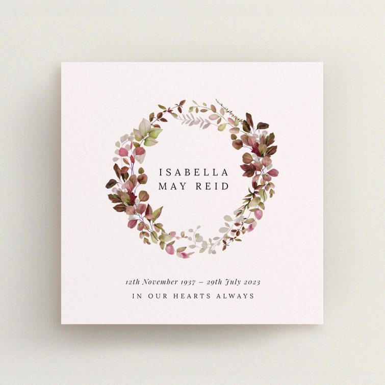 Floral wreath funeral announcement design with elegant typography and no photos.