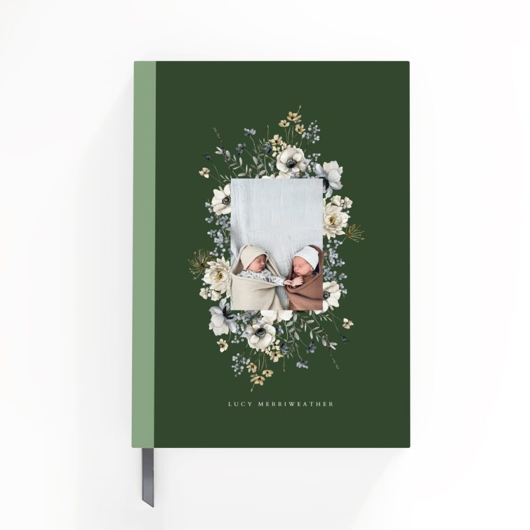 Customised green floral notebooks with one photo on the cover design by Utterly Printable.