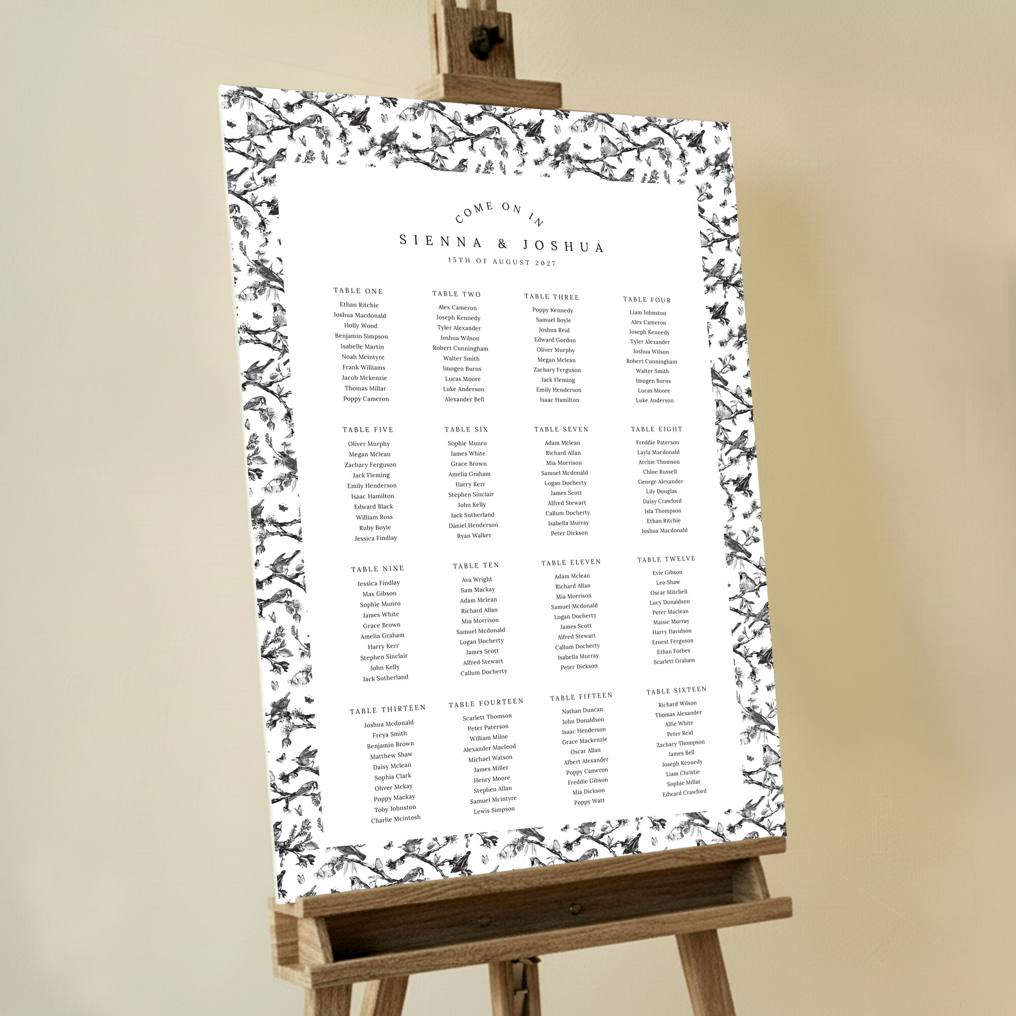 Custom Nature's Symphony Seating Charts featuring a striking and modern design with a mesmerizing repeating pattern of birds and insects perched on branches, adding a touch of contemporary elegance to your special day.. This design has 16 tables.