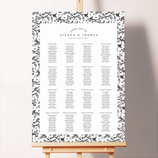 Custom Nature's Symphony Seating Charts featuring a striking and modern design with a mesmerizing repeating pattern of birds and insects perched on branches, adding a touch of contemporary elegance to your special day.. This design has 16 tables.