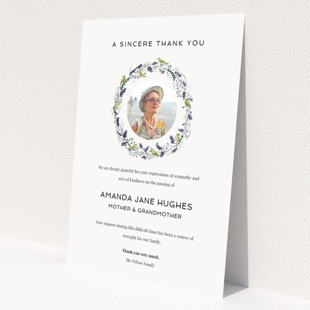 Floral funeral thank you card with photo placeholder.