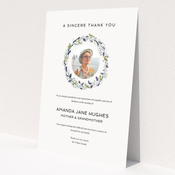 Floral funeral thank you card with photo placeholder.