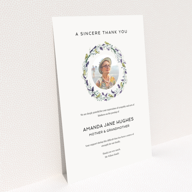 Floral funeral thank you card with photo placeholder.
