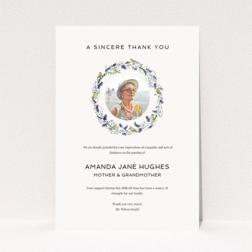 Floral funeral thank you card with photo placeholder.