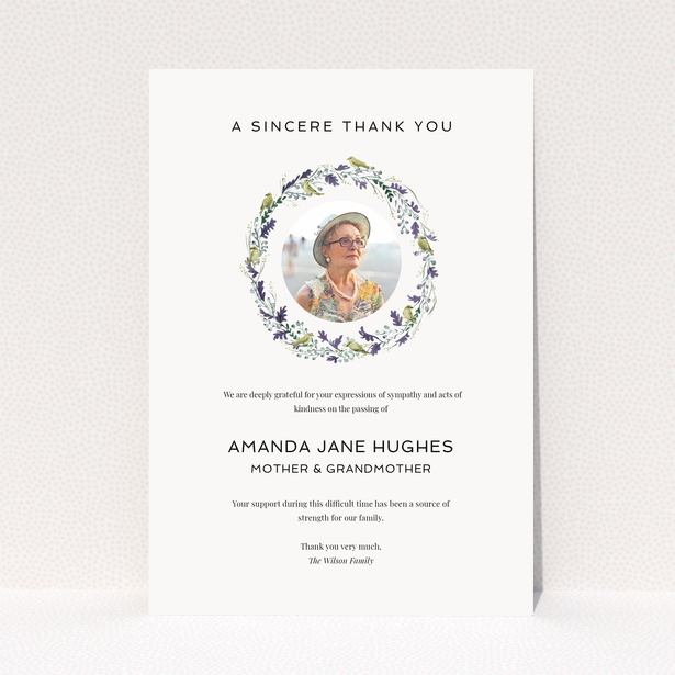 Floral funeral thank you card with photo placeholder.