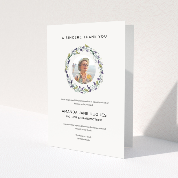 Floral funeral thank you card with photo placeholder.