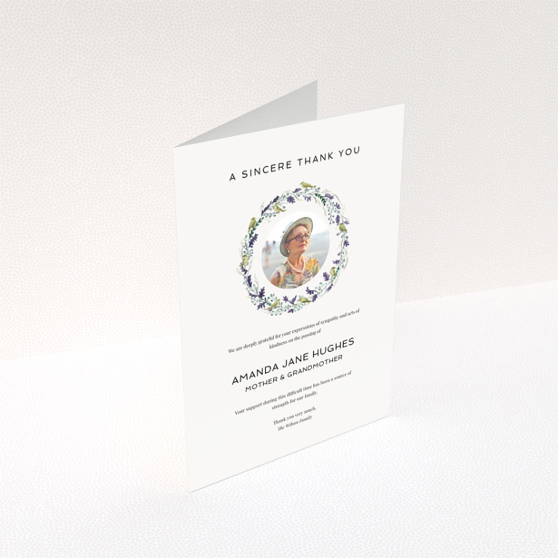 Floral funeral thank you card with photo placeholder.
