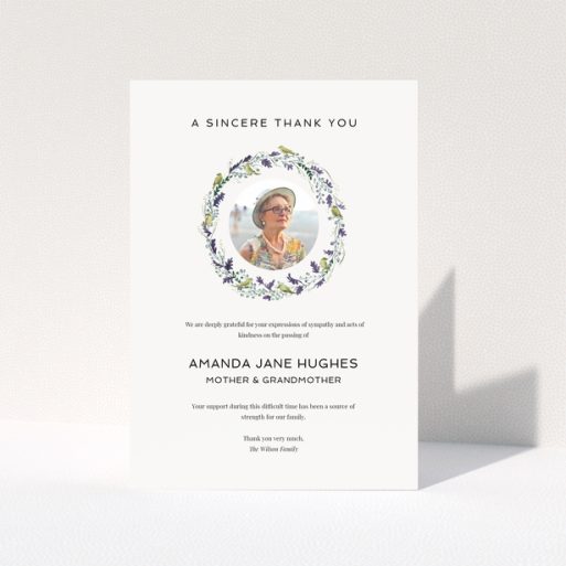 Floral funeral thank you card with photo placeholder.
