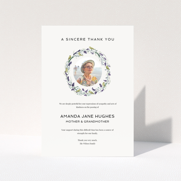 Floral funeral thank you card with photo placeholder.