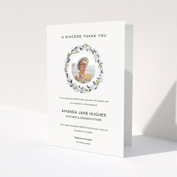 Floral funeral thank you card with photo placeholder.