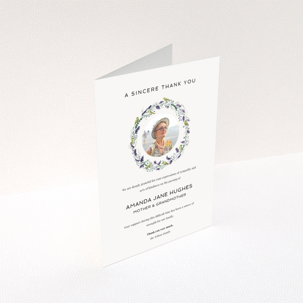 Floral funeral thank you card with photo placeholder.