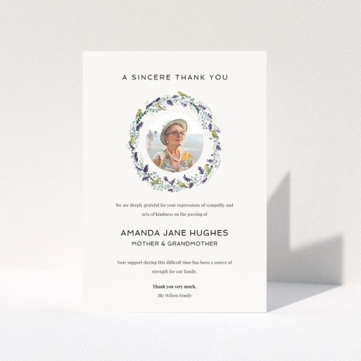 Floral funeral thank you card with photo placeholder.