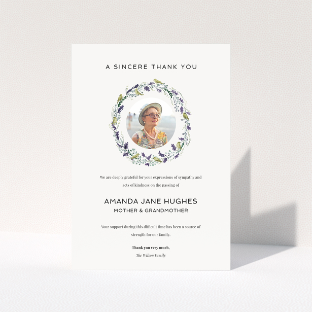 Floral funeral thank you card with photo placeholder.