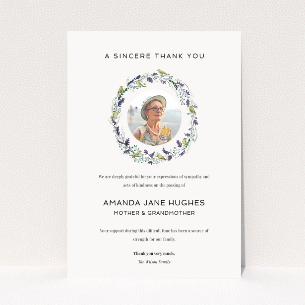 Floral funeral thank you card with photo placeholder.