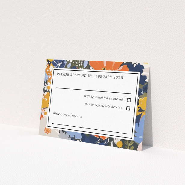 Navy and Marigold Space RSVP Card - Wedding Stationery. This is a view of the front