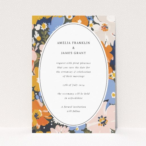 Navy and Marigold Space Save the Date Card - Contemporary floral pattern in marigold, navy, and soft blue tones surrounding a crisp white oval centre. Portrait orientation for readability and aesthetic pleasure This is a view of the front