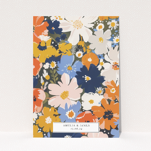 Navy and Marigold Space Save the Date Card - Contemporary floral pattern in marigold, navy, and soft blue tones surrounding a crisp white oval centre. Portrait orientation for readability and aesthetic pleasure This is a view of the back