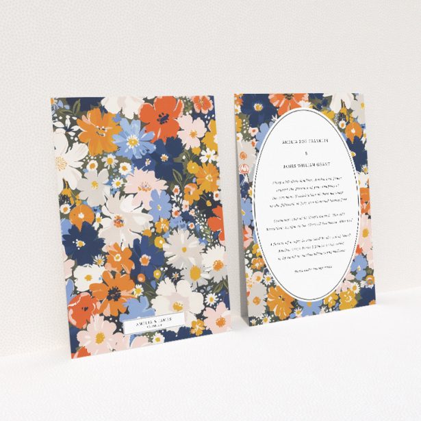 Navy and Marigold Space Wedding Invitation - A5-sized invitation with bold navy and marigold floral pattern, blending classic charm with modern elegance This image shows the front and back sides together
