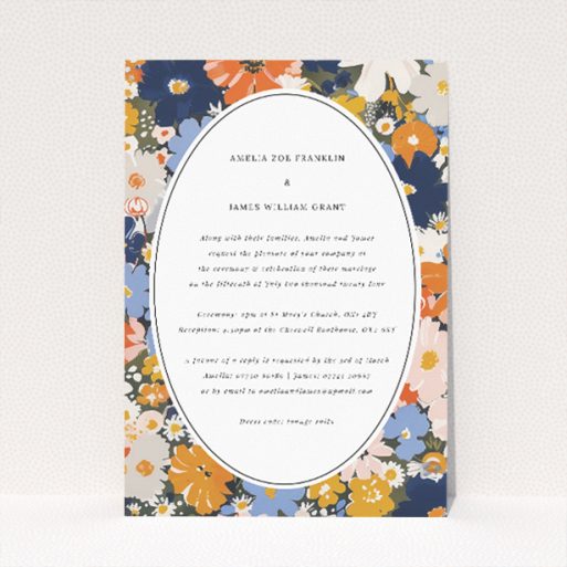 Navy and Marigold Space Wedding Invitation - A5-sized invitation with bold navy and marigold floral pattern, blending classic charm with modern elegance This is a view of the front
