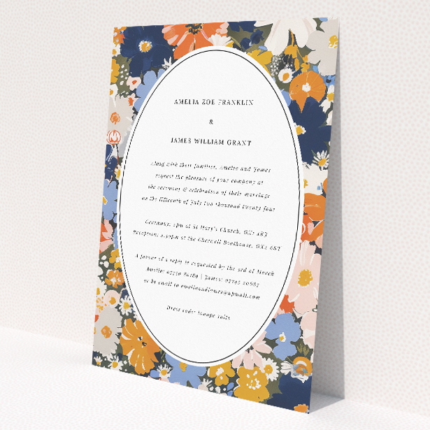 Navy and Marigold Space Wedding Invitation - A5-sized invitation with bold navy and marigold floral pattern, blending classic charm with modern elegance This is a view of the front