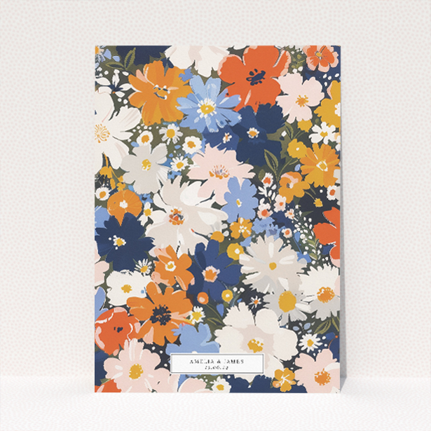Navy and Marigold Space Wedding Invitation - A5-sized invitation with bold navy and marigold floral pattern, blending classic charm with modern elegance This image shows the front and back sides together