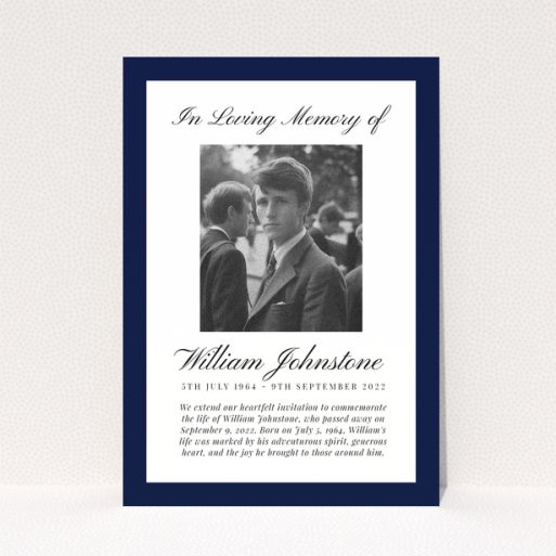 Funeral announcement with one photo and navy blue borders