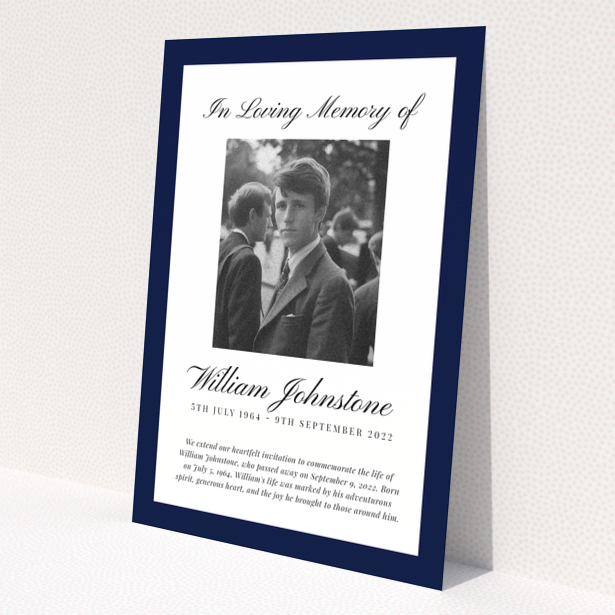 Funeral announcement with one photo and navy blue borders