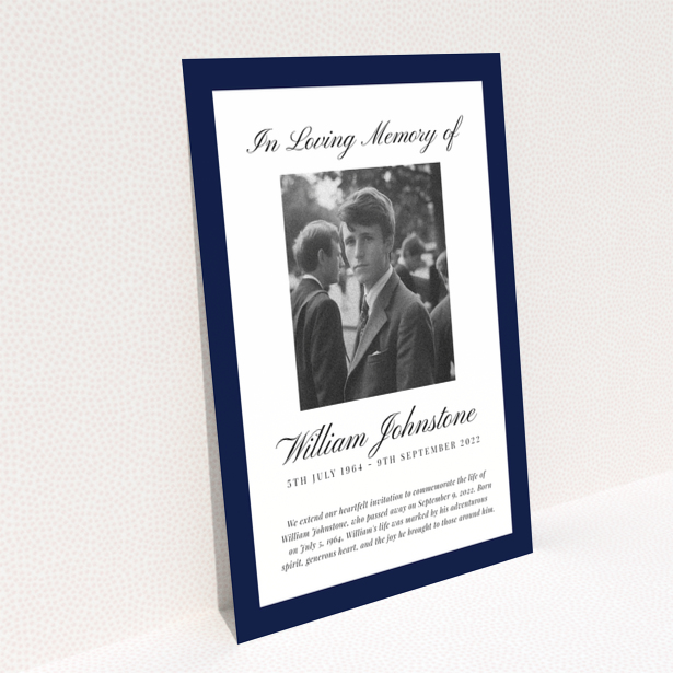 Funeral announcement with one photo and navy blue borders