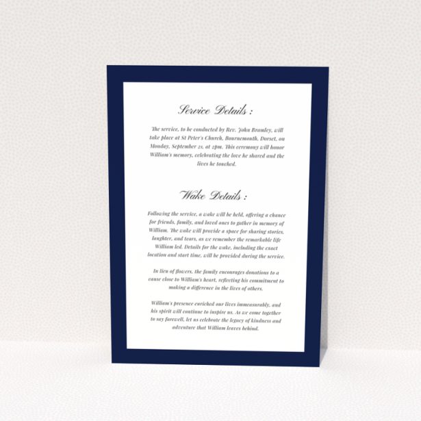 Funeral announcement with one photo and navy blue borders
