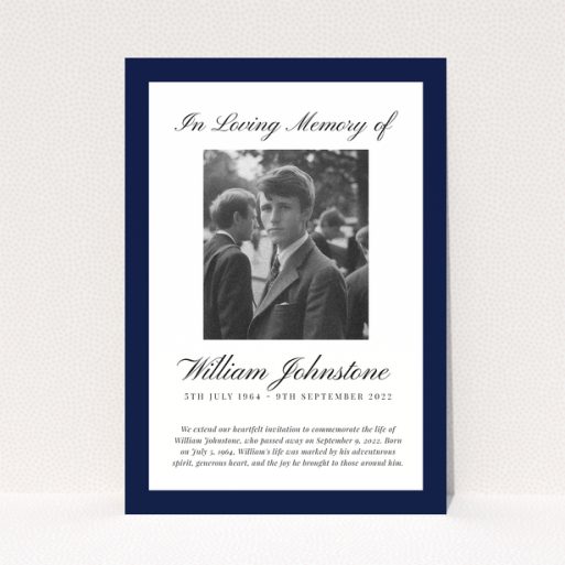 Funeral announcement with one photo and navy blue borders