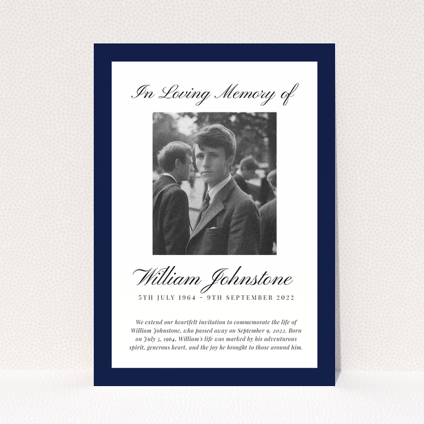 Funeral announcement with one photo and navy blue borders