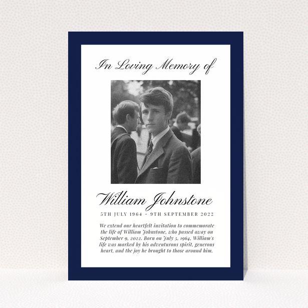 Funeral announcement with one photo and navy blue borders