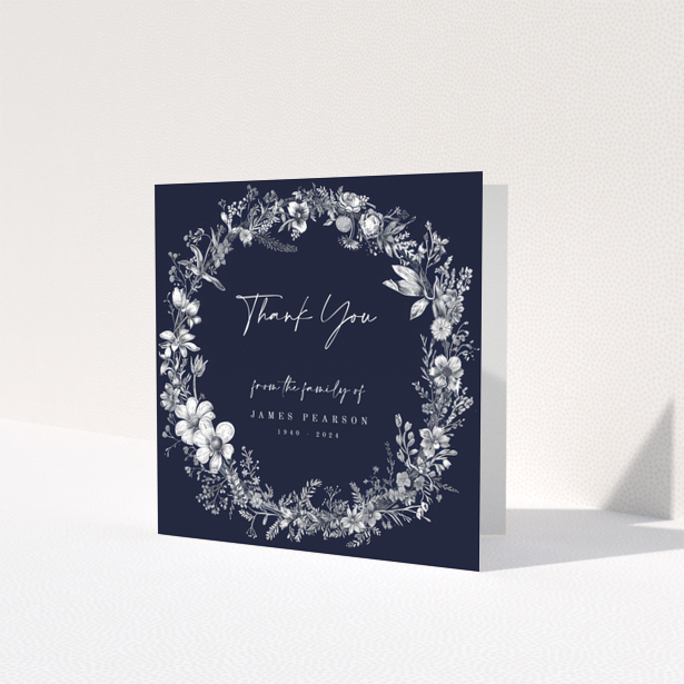 Floral navy funeral thank you card with one photo placeholder from Utterly Printable