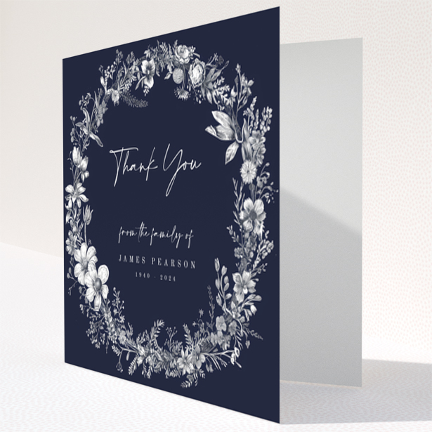 Floral navy funeral thank you card with one photo placeholder from Utterly Printable