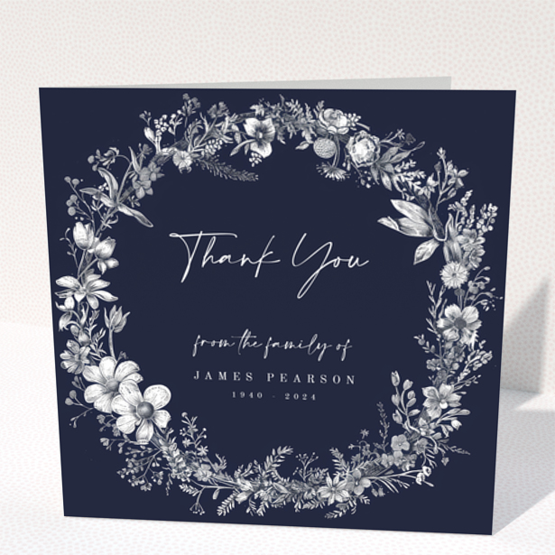 Floral navy funeral thank you card with one photo placeholder from Utterly Printable