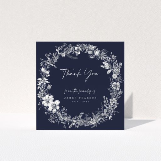 Floral navy funeral thank you card with one photo placeholder from Utterly Printable